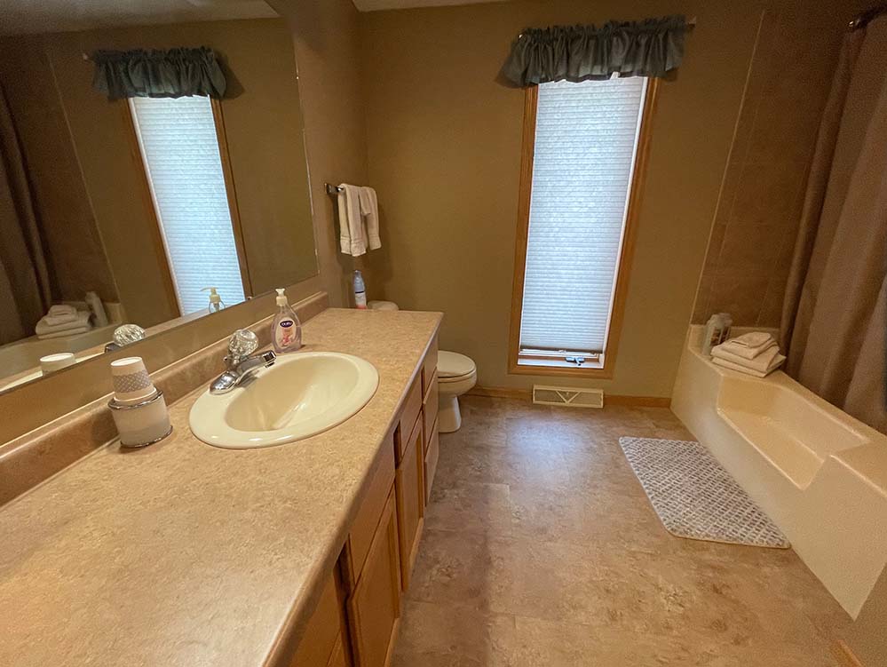 Master bath with large step-in tub & tile shower.
